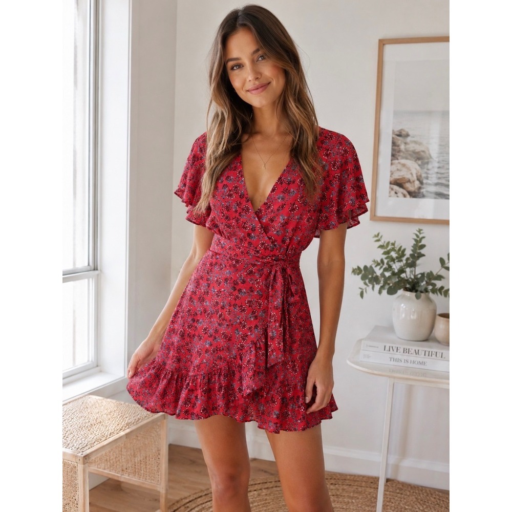 Jack by BB Dakota Wrap Dress Women Size 4 Red Floral Flutter Sleeve Ruffle Mini‎